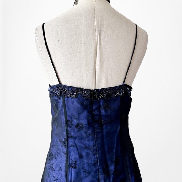 Vintage Blue Black Mesh Velvet Beaded Flared Maxi Prom Dress Size M - Picture 9 of 13